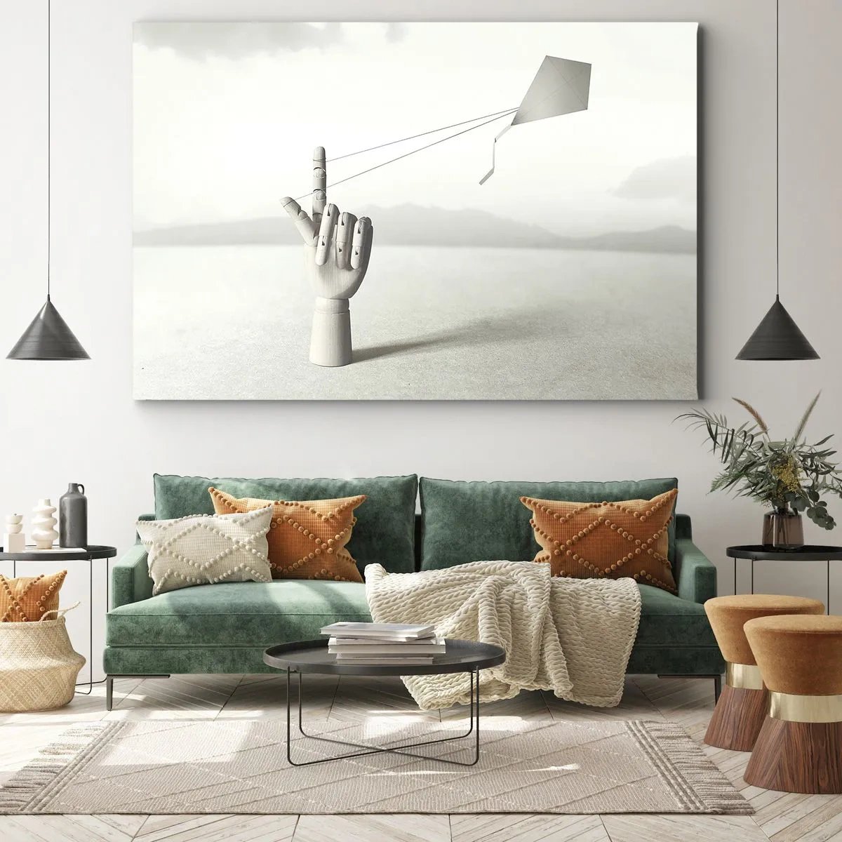 Bild auf Leinwand - Leinwandbild - Eine minimalistische Holzhand mit einem Drachen vor einem Landschaftshintergrund. - 120x80cm - Kraftprobe - Moderne Wanddekoration für Wohnzimmer und Schlafzimmer ARTTOR