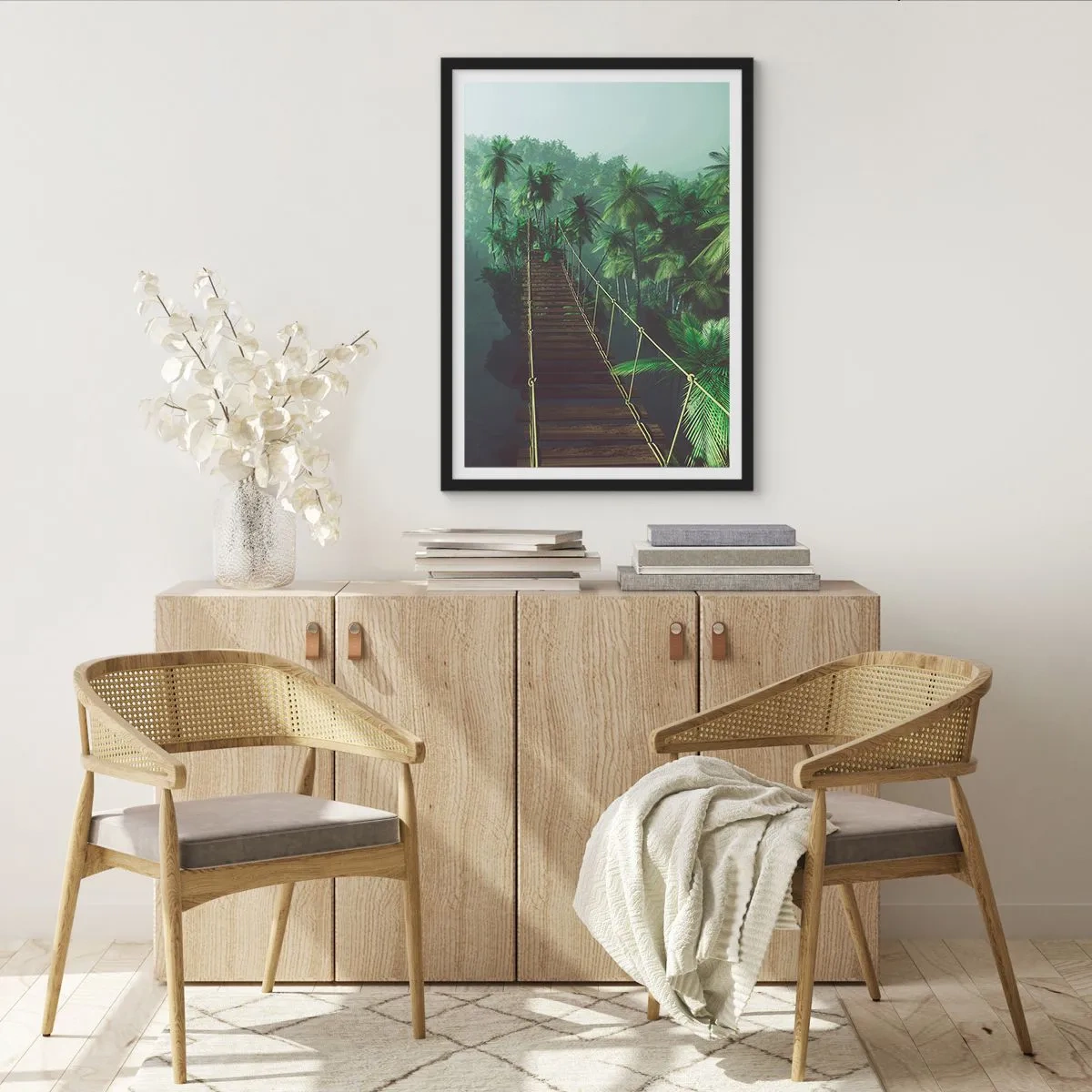 Poster in einem schwarzem Rahmen - Eine Hängebrücke in einem tropischen Wald voller Palmen - 50x70cm - Über der Brandung des Grüns - Moderne Wanddekoration für Wohnzimmer und Schlafzimmer ARTTOR