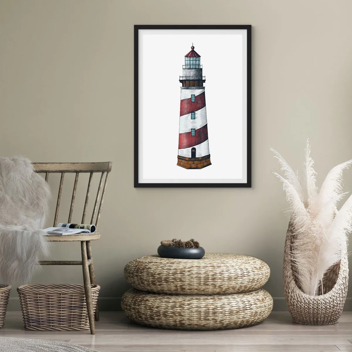 Poster in einem schwarzem Rahmen - Leuchtturmillustration im klassischen Stil - 50x70cm - Immer auf der Hut - Moderne Wanddekoration für Wohnzimmer und Schlafzimmer ARTTOR