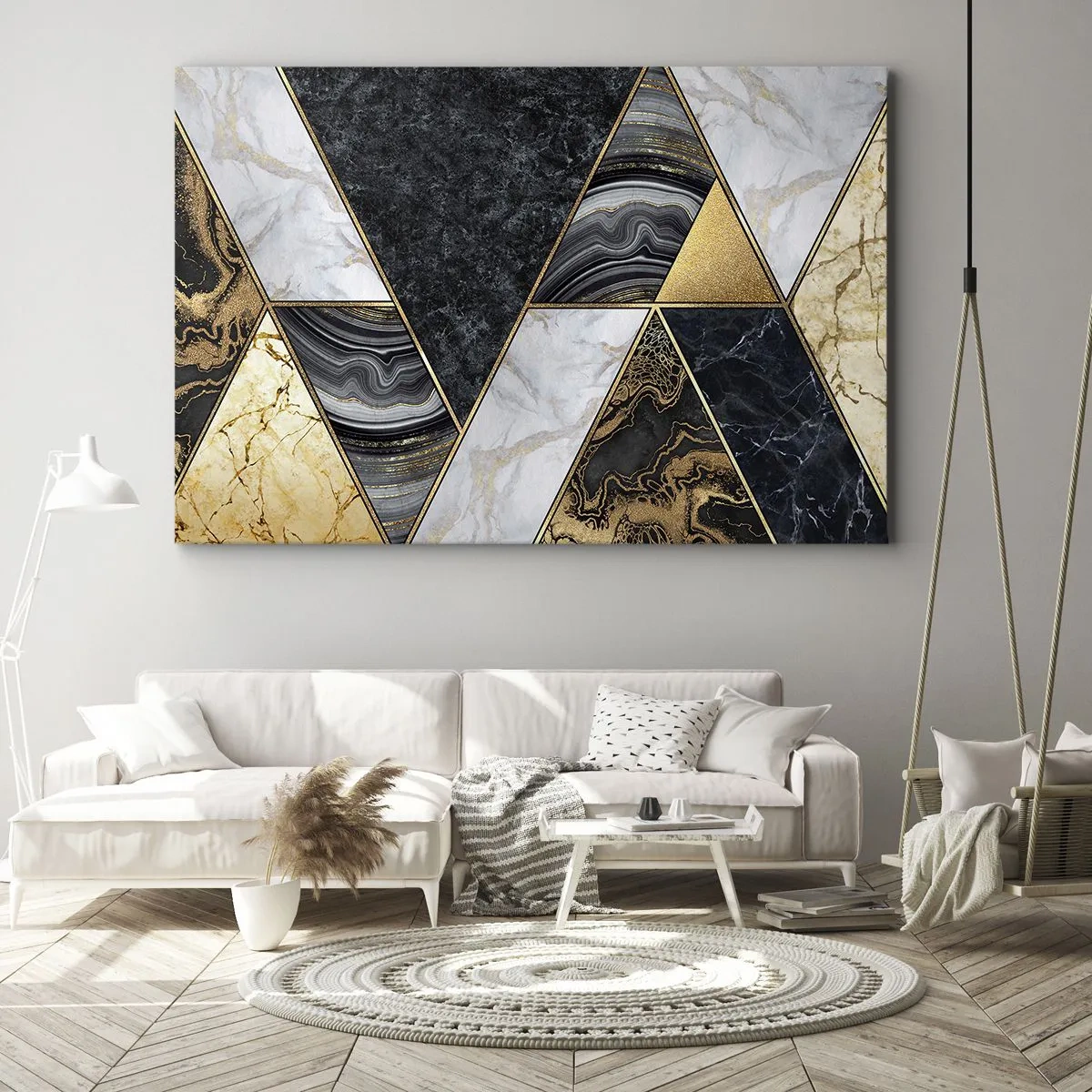 Bild auf Leinwand - Leinwandbild - Geometrische Dreiecke in Gold, Marmor und dunklen Farbtönen - 70x50cm - Stein um Stein - Moderne Wanddekoration für Wohnzimmer und Schlafzimmer ARTTOR
