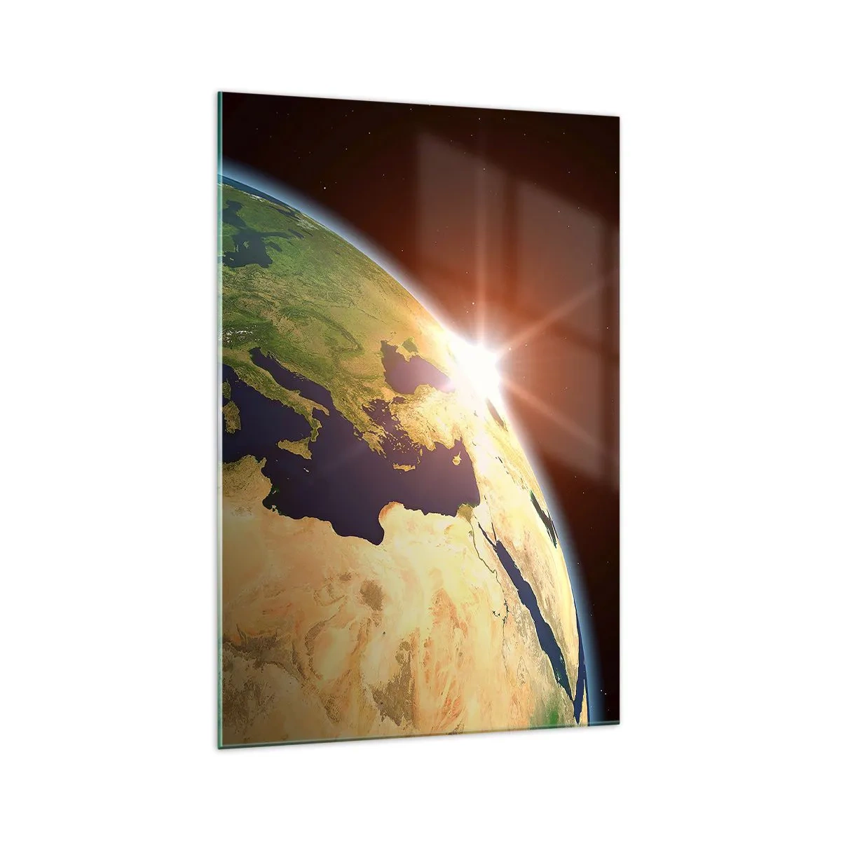 Glasbild - Bild auf glas - Blick auf die Erde aus dem Weltraum mit Sonnenstrahlen am Horizont - 70x100cm - Sonnenaufgang - Moderne Wanddekoration für Wohnzimmer und Schlafzimmer ARTTOR