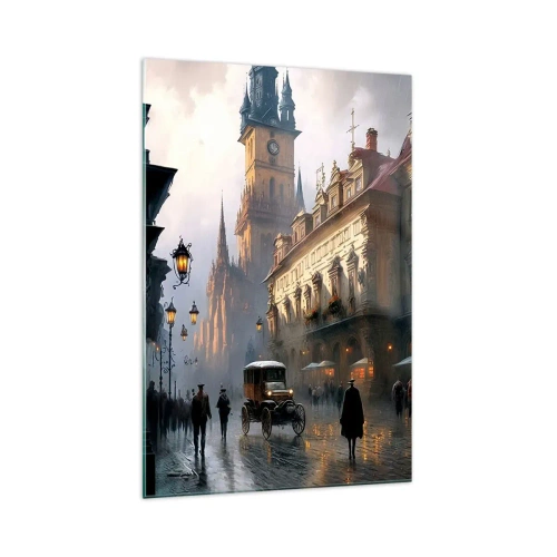 Glasbild - Bild auf glas - Abendliche Straßenszene mit historischer Architektur - 70x100cm - Charme eines Prager Abends - Moderne Wanddekoration für Wohnzimmer und Schlafzimmer ARTTOR