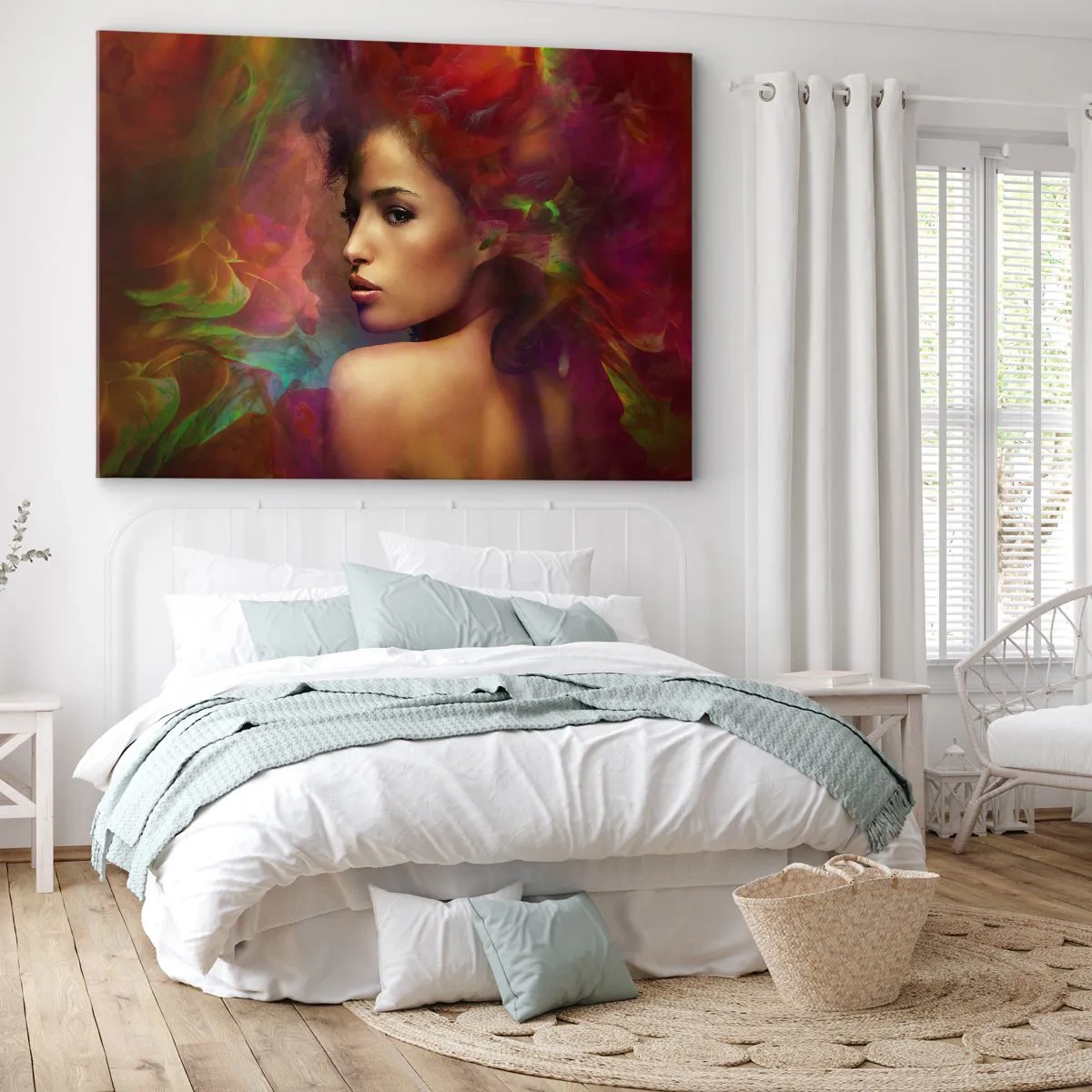 Bild auf Leinwand - Leinwandbild - Eine Frau mit bunten Reflexionen, die einen abstrakten Hintergrund erzeugen - 70x50cm - Schöner als ein Regenbogen, so zart wie ein Nebel - Moderne Wanddekoration für Wohnzimmer und Schlafzimmer ARTTOR