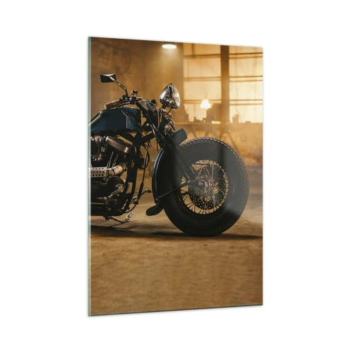 Glasbild - Bild auf glas - Stimmungsvolle Aufnahme eines klassischen Motorrads in einer Garage - 50x70cm - Ich kann alles - Moderne Wanddekoration für Wohnzimmer und Schlafzimmer ARTTOR
