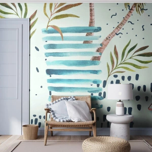 Fototapete Premium Sand - Urlaub unter Palmen - Aquarelle, Kokusnuss-Palme, Segelboot - 250x175 cm