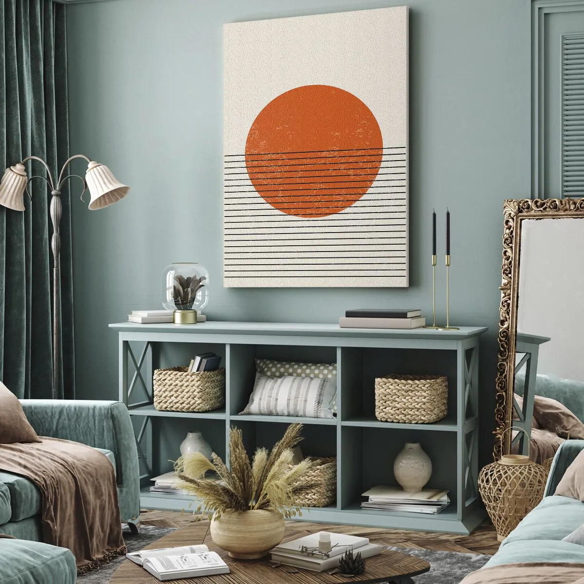 Bild auf Leinwand - Leinwandbild - Minimalistische Sonne mit geometrischen Linien - 70x100cm - Immer die Sonne - Moderne Wanddekoration für Wohnzimmer und Schlafzimmer ARTTOR