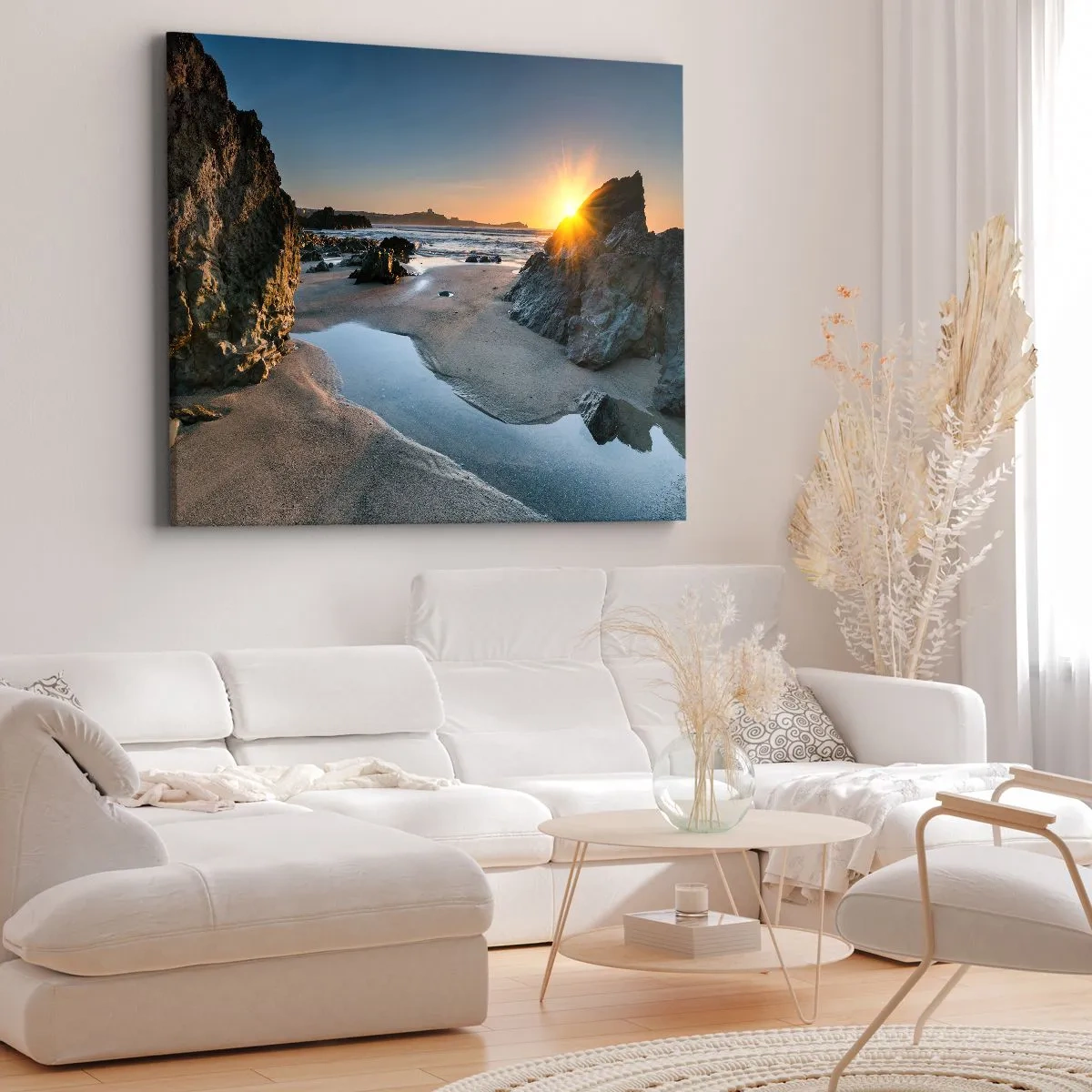 Bild auf Leinwand - Leinwandbild - Malerischer Sonnenuntergang an einem felsigen Strand - 100x70cm - Unberührt von menschlicher Hand - Moderne Wanddekoration für Wohnzimmer und Schlafzimmer ARTTOR