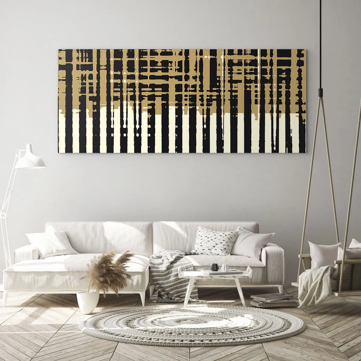 Glasbild - Bild auf glas - Abstrakte Linien in Schwarz, Beige und Weiß - 120x50cm - Architektonische Abstraktion - Moderne Wanddekoration für Wohnzimmer und Schlafzimmer ARTTOR