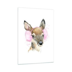 Glasbild - Bild auf glas - Ein Reh mit rosa Pelz-Ohrenschützern - 50x70cm - Und der Frost ist nicht mehr schrecklich - Moderne Wanddekoration für Wohnzimmer und Schlafzimmer ARTTOR