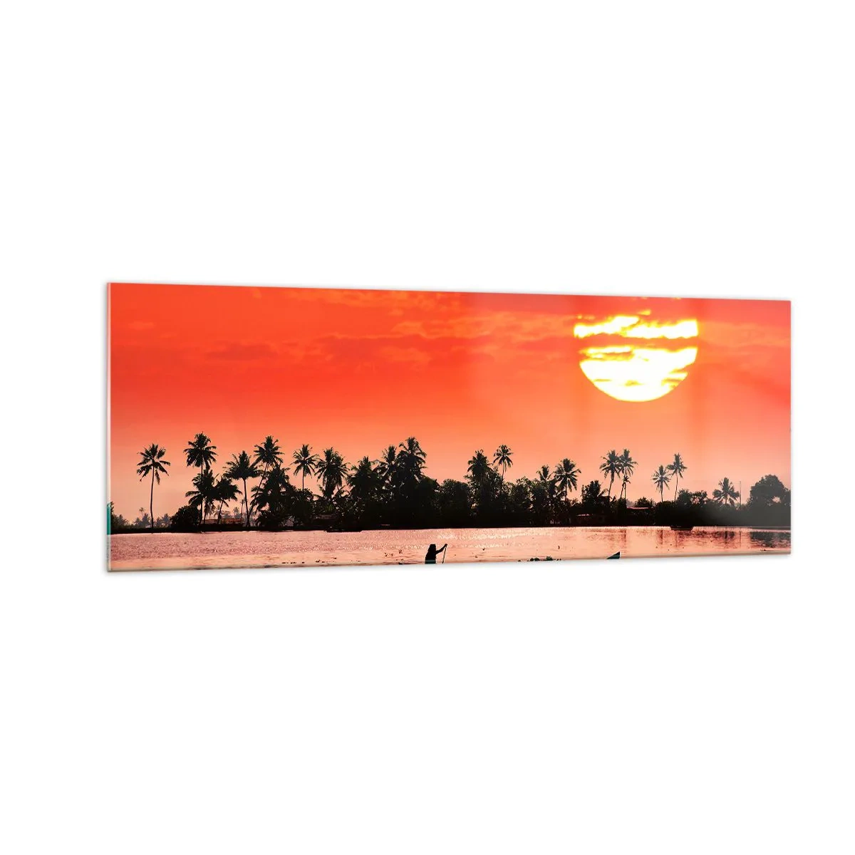 Glasbild - Bild auf glas - Tropischer Sonnenuntergang mit einem Boot und Palmen im Hintergrund - 140x50cm - Die Ruhe der Tropen bei Sonnenuntergang - Moderne Wanddekoration für Wohnzimmer und Schlafzimmer ARTTOR