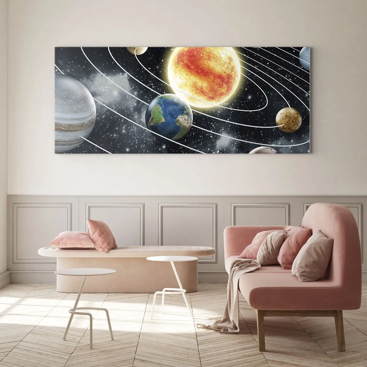 Glasbild - Bild auf glas - Sonnensystem mit Planeten und Sonne im Weltraum - 160x50cm - Kosmischer Tanz - Moderne Wanddekoration für Wohnzimmer und Schlafzimmer ARTTOR