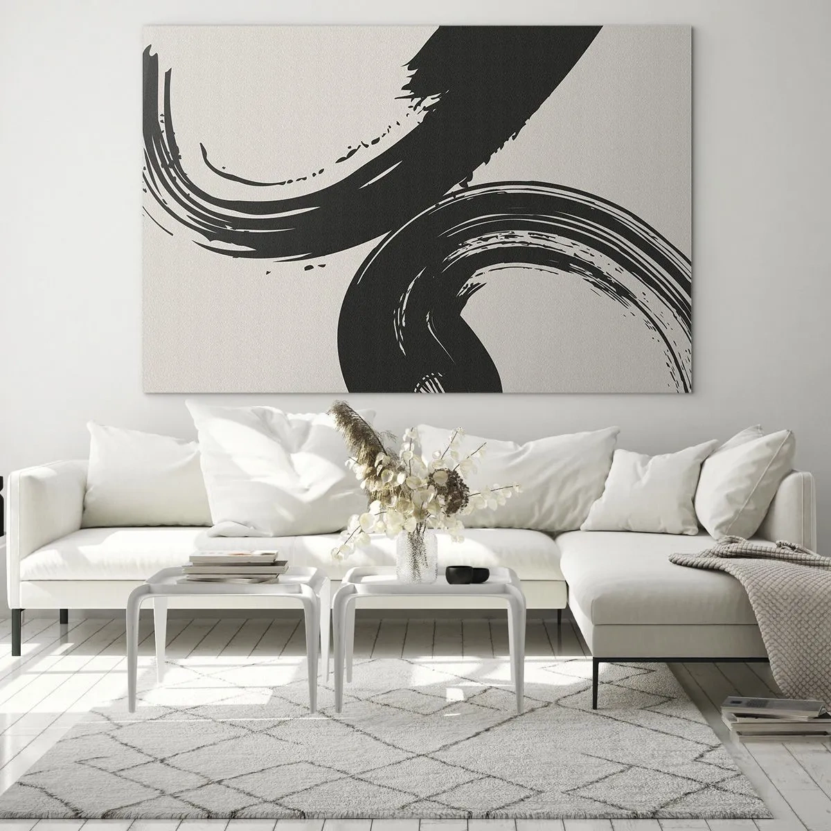 Glasbild - Bild auf glas - Schwarze, dynamische kalligrafische Pinselstriche auf hellem Hintergrund. - 100x70cm - Ausladend und kreisförmig - Moderne Wanddekoration für Wohnzimmer und Schlafzimmer ARTTOR