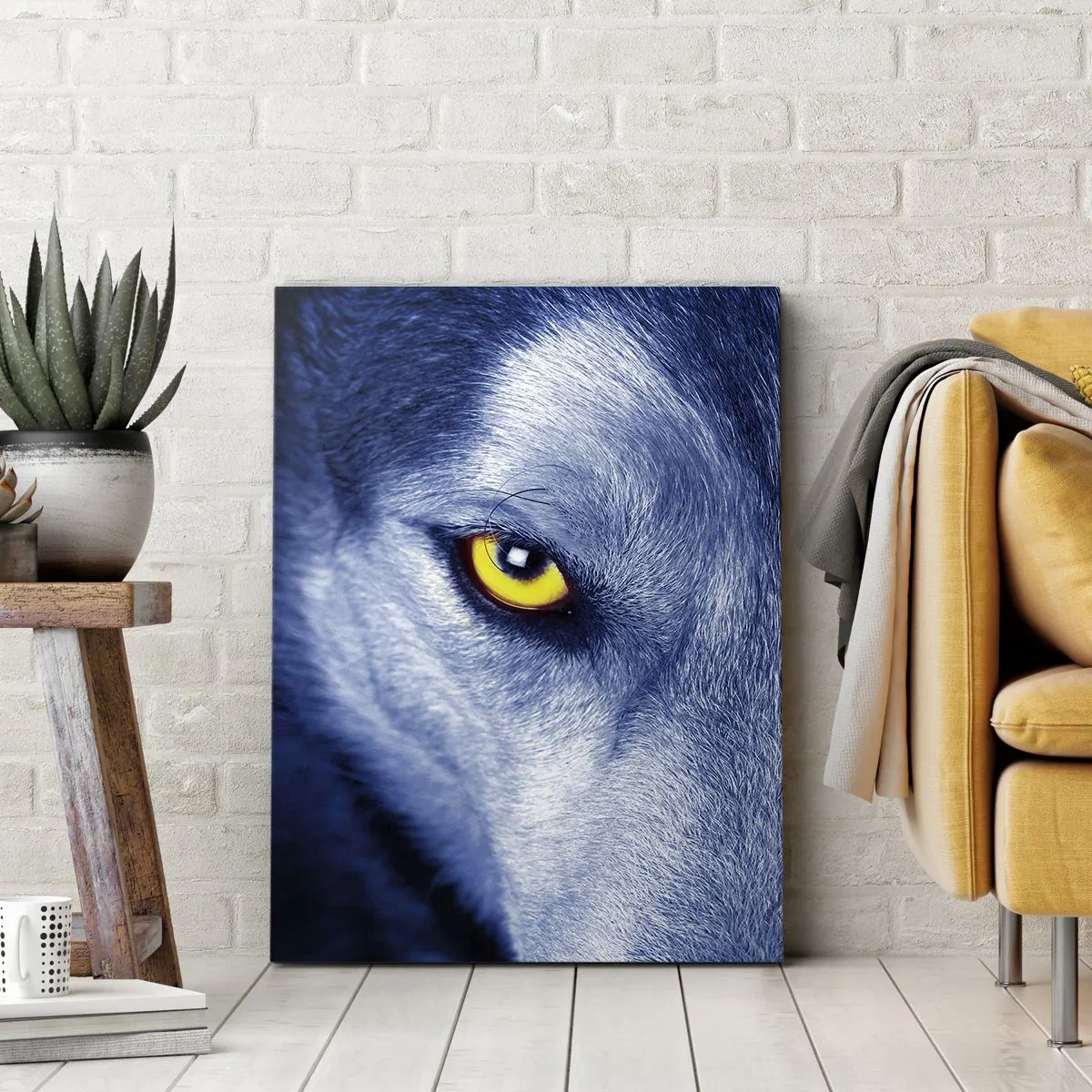 Bild auf Leinwand - Leinwandbild - Nahaufnahme des intensiven Blicks eines Wolfes vor dunklem Hintergrund - 70x100cm - Faszinierender Blick - Moderne Wanddekoration für Wohnzimmer und Schlafzimmer ARTTOR