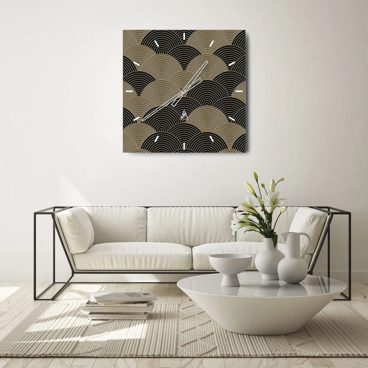 Wanduhr - Glasuhr - Art-Deco-Muster mit Halbkreisen und goldenen Linien - 30x30cm - Einheit in der Vielfalt - Moderne Wanddekoration für Wohnzimmer und Schlafzimmer ARTTOR