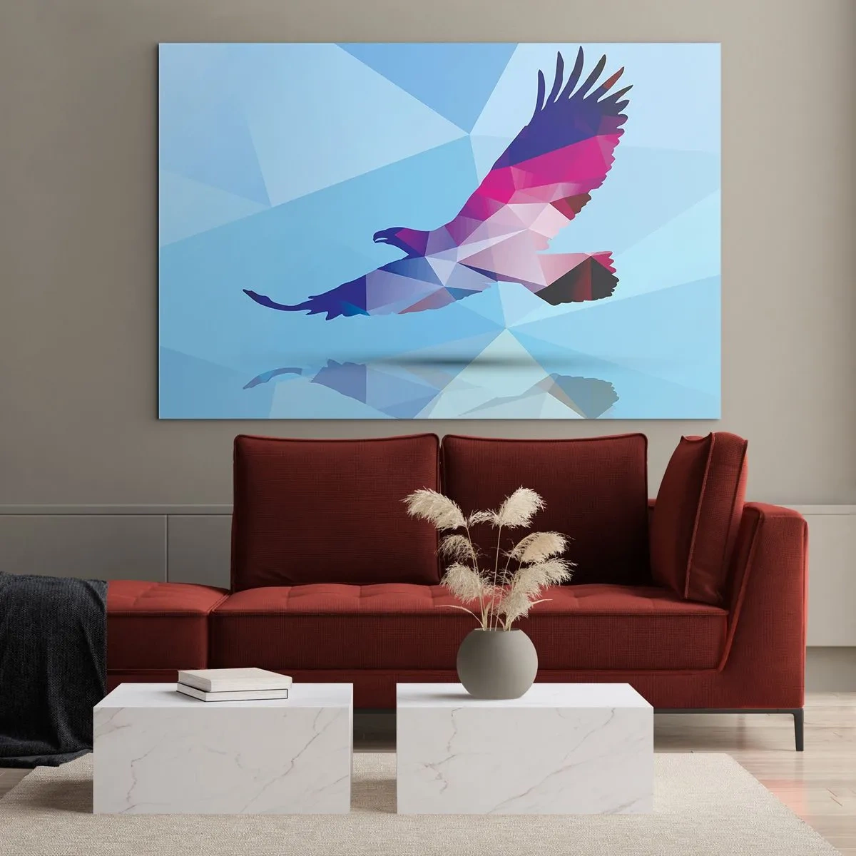 Glasbild - Bild auf glas - Geometrischer Adler auf blauem Hintergrund - 120x80cm - Adler in lila Kristall - Moderne Wanddekoration für Wohnzimmer und Schlafzimmer ARTTOR