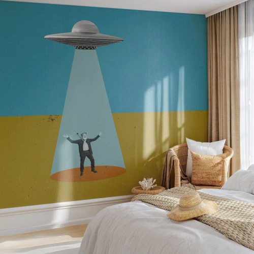 Fototapete Premium Sand - Grafik eines UFOs, das einen Mann im Licht der Einöde trägt - 100x70cm - Nahe Begegnung - Moderne Wanddekoration für Wohnzimmer und Schlafzimmer ARTTOR