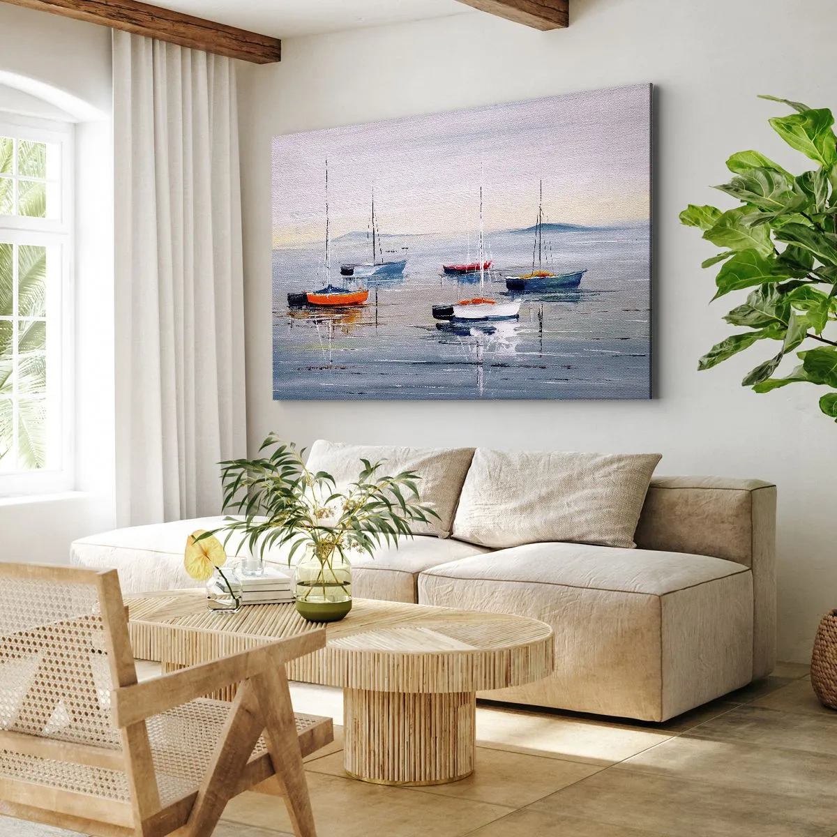 Bild auf Leinwand - Leinwandbild - Bunte Boote auf ruhigem Wasser - 70x50cm - Wohlverdiente Ruhe - Moderne Wanddekoration für Wohnzimmer und Schlafzimmer ARTTOR