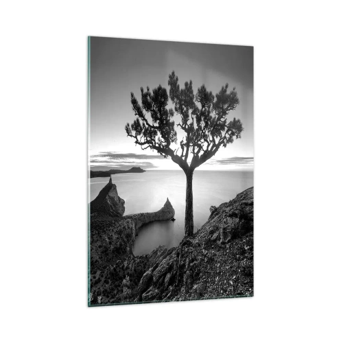 Glasbild - Bild auf glas - Schwarz-weiße Landschaft mit einem einsamen Baum auf einer Klippe über dem Meer - 80x120cm - Stille bis zum Horizont - Moderne Wanddekoration für Wohnzimmer und Schlafzimmer ARTTOR