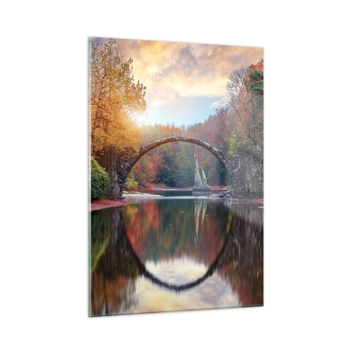 Glasbild - Bild auf glas - Eine Steinbrücke spiegelt sich in einem See inmitten eines herbstlichen Waldes - 50x70cm - Auf der anderen Seite des Spiegels - Moderne Wanddekoration für Wohnzimmer und Schlafzimmer ARTTOR