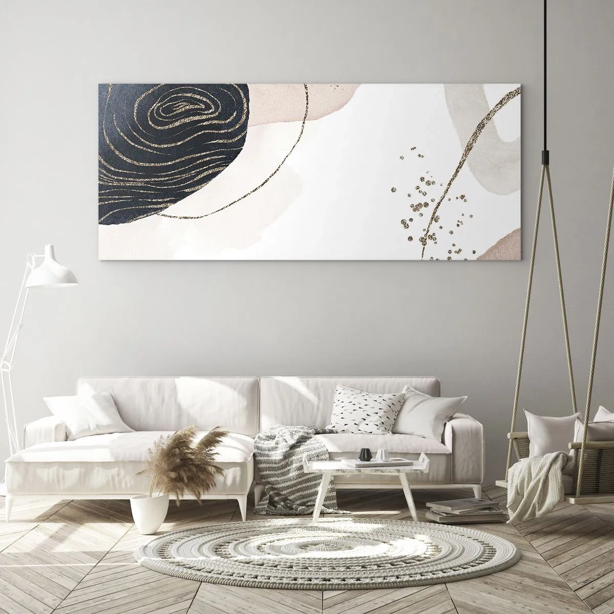 Glasbild - Bild auf glas - Abstrakte Formen in Beige- und Marineblautönen mit goldenen Details - 140x50cm - Alles fließt - Moderne Wanddekoration für Wohnzimmer und Schlafzimmer ARTTOR