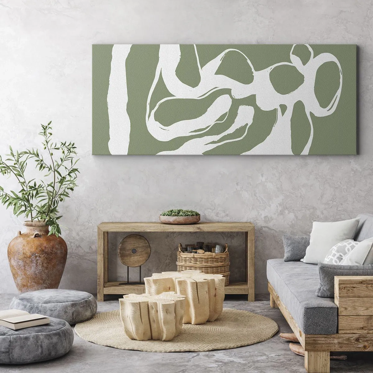 Bild auf Leinwand - Leinwandbild - Organische Formen in Weiß auf grünem Hintergrund - 120x50cm - Ruf des Weltraums - Moderne Wanddekoration für Wohnzimmer und Schlafzimmer ARTTOR