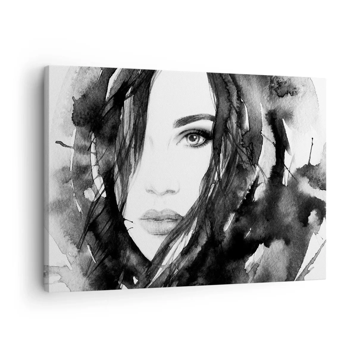 Bild auf Leinwand - Leinwandbild - Porträt einer Frau in Schwarz-Weiß-Aquarell - 70x50cm - Porträt einer Dame in Schwarzweiß - Moderne Wanddekoration für Wohnzimmer und Schlafzimmer ARTTOR