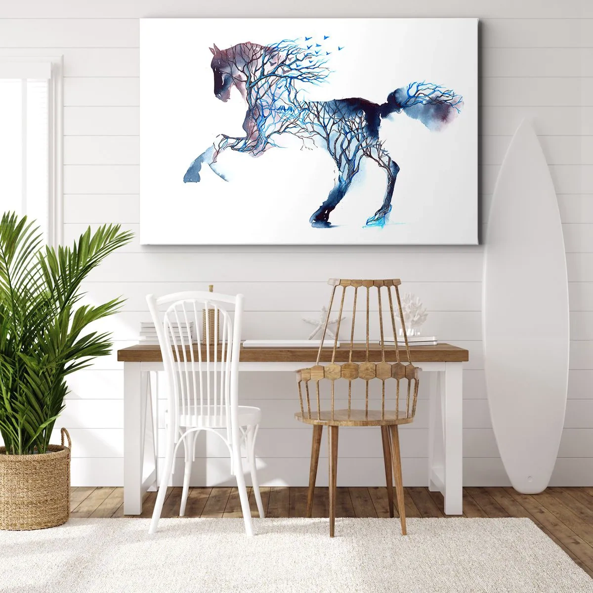 Bild auf Leinwand - Leinwandbild - Künstlerische Pferdegrafik mit Baum- und Vogelmotiven - 70x50cm - Und als wäre der Wald umgezogen - Moderne Wanddekoration für Wohnzimmer und Schlafzimmer ARTTOR