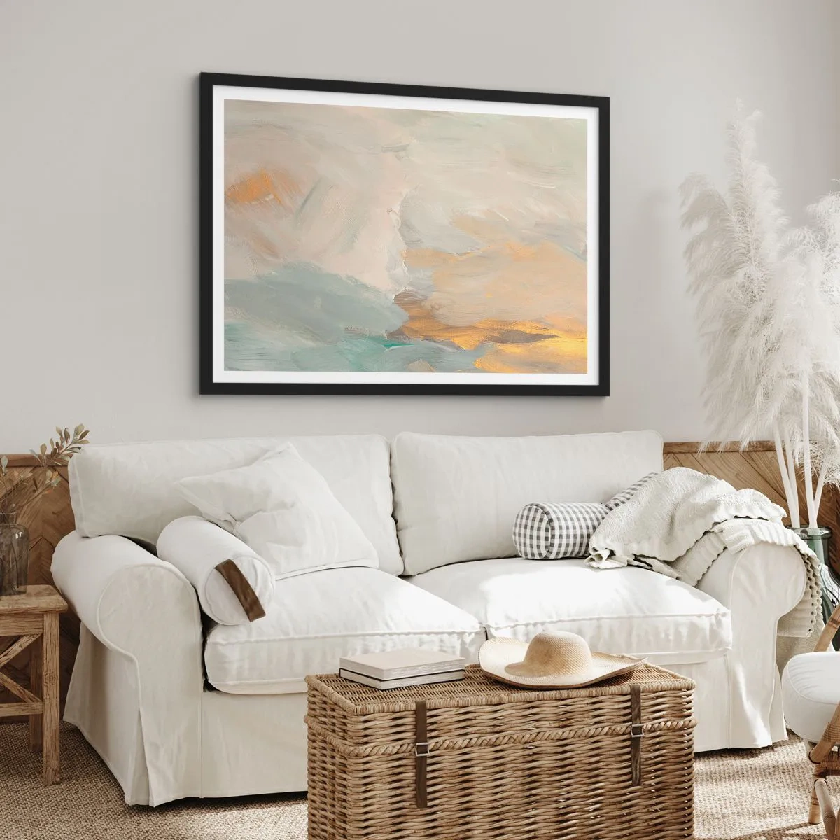 Poster in einem schwarzem Rahmen - Zarte abstrakte Striche in Weiß- und Goldtönen - 100x70cm - Abstraktion – das Land der Sanftheit - Moderne Wanddekoration für Wohnzimmer und Schlafzimmer ARTTOR