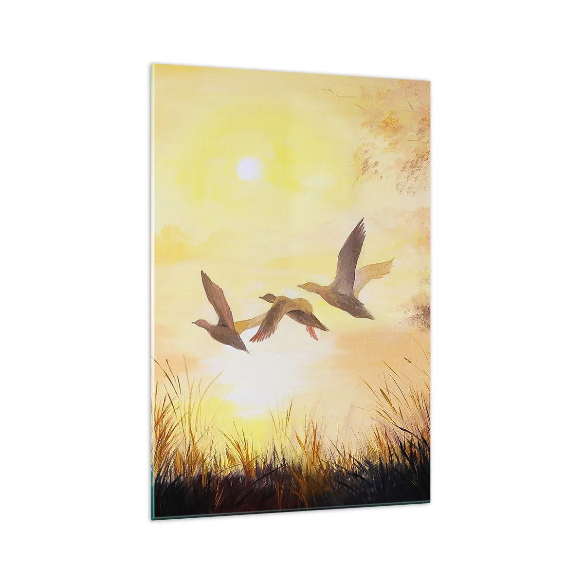 Glasbild - Bild auf glas - Enten fliegen bei Sonnenaufgang über den See - 70x100cm - Der Beginn einer langen Reise - Moderne Wanddekoration für Wohnzimmer und Schlafzimmer ARTTOR