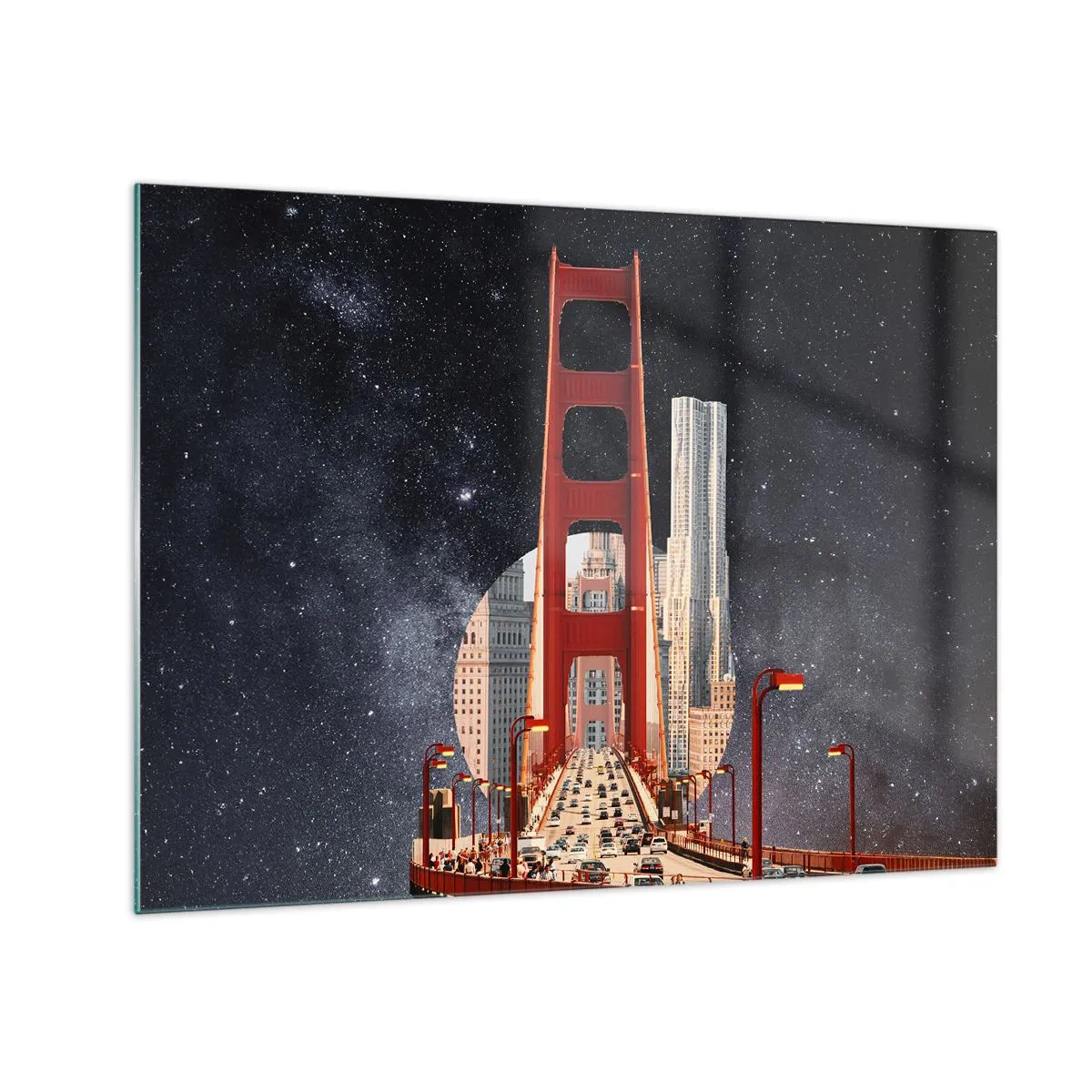 Glasbild - Bild auf glas - Brücke und Wolkenkratzer vor einem surrealen Galaxienhintergrund - 70x50cm - Immer im Mittelpunkt - Moderne Wanddekoration für Wohnzimmer und Schlafzimmer ARTTOR