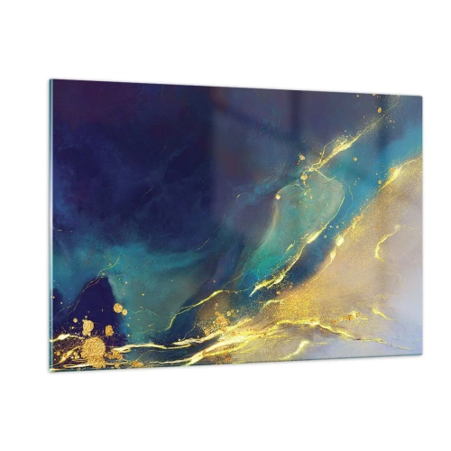 Glasbild - Bild auf glas - Eine abstrakte Komposition in den Farbtönen Marineblau, Türkis und Gold - 120x80cm - Der goldene Teich - Moderne Wanddekoration für Wohnzimmer und Schlafzimmer ARTTOR