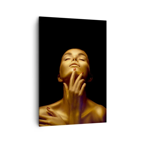 Bild auf Leinwand - Leinwandbild - Porträt einer Frau in goldenem Glanz auf schwarzem Hintergrund - 70x100cm - Wie goldene Seide - Moderne Wanddekoration für Wohnzimmer und Schlafzimmer ARTTOR
