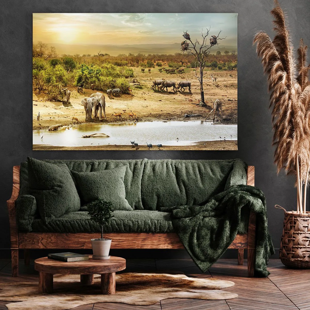 Bild auf Leinwand - Leinwandbild - Elefanten und Wildtiere an einer Wasserstelle bei Sonnenuntergang - 70x50cm - Ein Fluss floss aus Eden ... - Moderne Wanddekoration für Wohnzimmer und Schlafzimmer ARTTOR