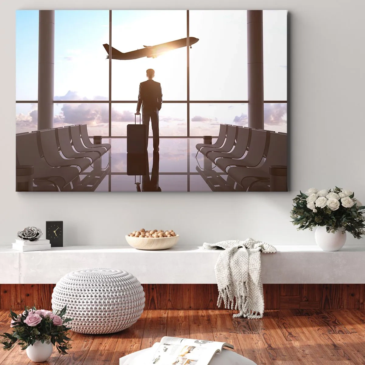 Bild auf Leinwand - Leinwandbild - Geschäftsmann am Flughafen mit einem Flugzeug im Hintergrund - 100x70cm - Du hast Zeit, lass dir Zeit - Moderne Wanddekoration für Wohnzimmer und Schlafzimmer ARTTOR