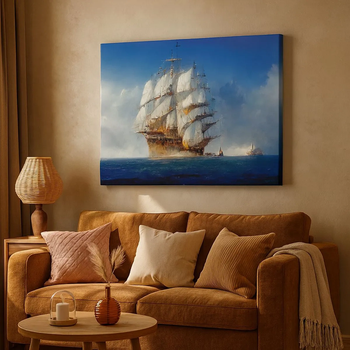 Bild auf Leinwand - Leinwandbild - Ein Segelschiff auf offener See unter blauem Himmel - 70x50cm - Der große Ruhm! - Moderne Wanddekoration für Wohnzimmer und Schlafzimmer ARTTOR