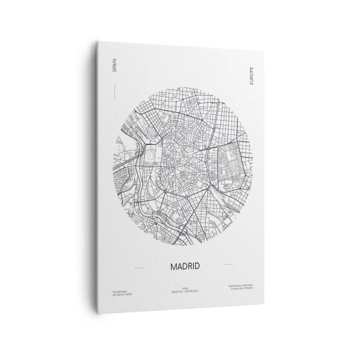 Bild auf Leinwand - Leinwandbild - Karte von Madrid im minimalistischen Schwarz-Weiß-Stil - 70x100cm - Anatomie von Madrid - Moderne Wanddekoration für Wohnzimmer und Schlafzimmer ARTTOR
