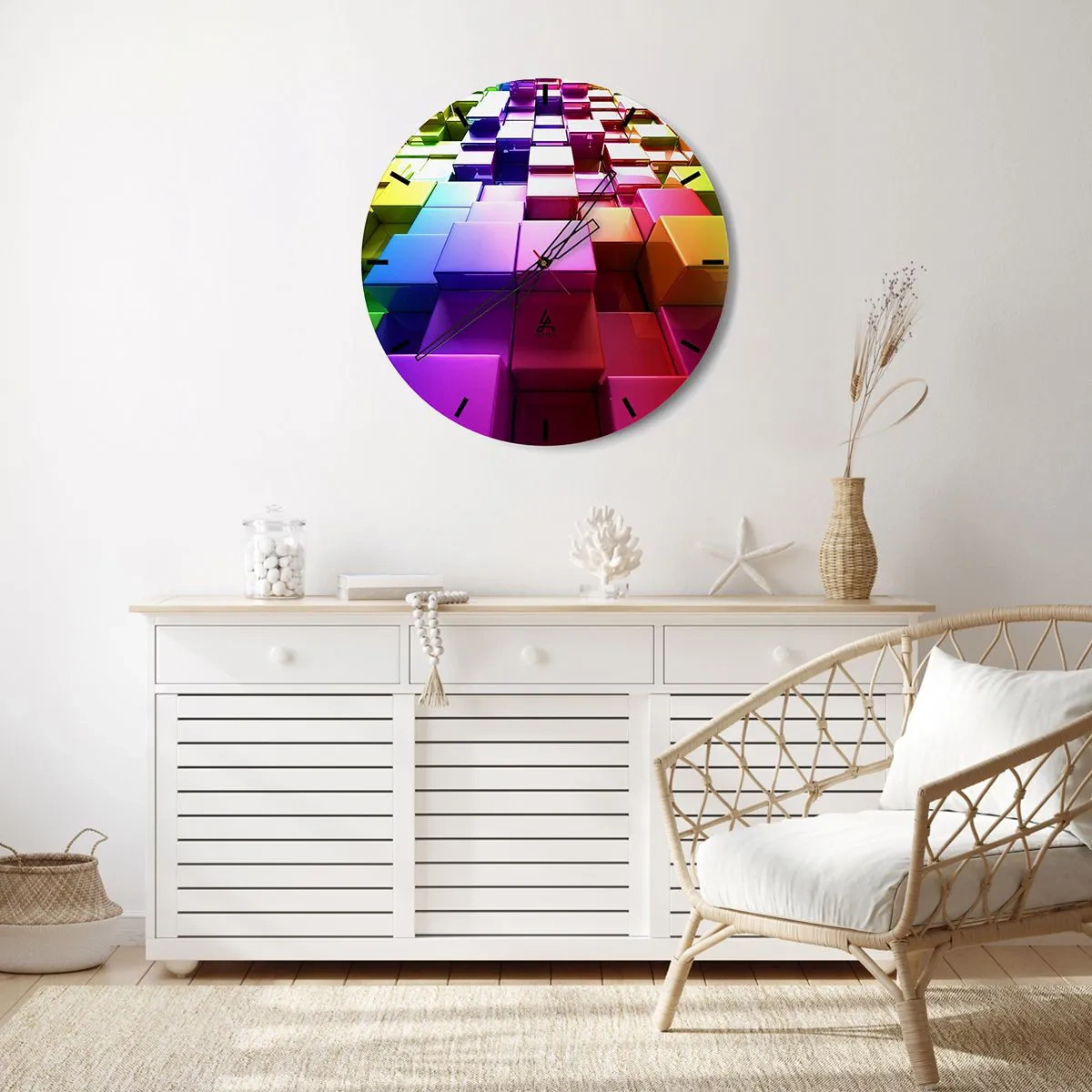 Wanduhr - Glasuhr - Bunte Würfel in geometrischer Komposition - 30x30cm - Op-Art gemeinsam im Team - Moderne Wanddekoration für Wohnzimmer, Küche und Schlafzimmer ARTTOR