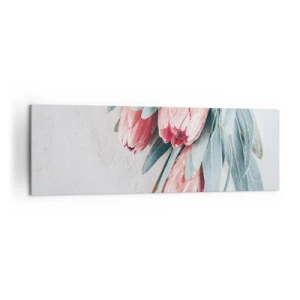 Bild auf Leinwand - Leinwandbild - Dezente rosa Protea-Blüten auf hellem Hintergrund - 160x50cm - Schämen sich für ihre eigene Schönheit - Moderne Wanddekoration für Wohnzimmer und Schlafzimmer ARTTOR