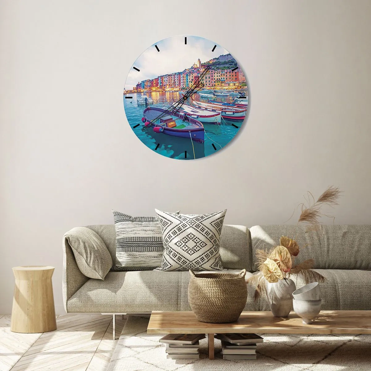 Wanduhr - Glasuhr - Bunter Abend im Hafen - 40x40 cm