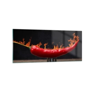 Glasbild - Bild auf glas - Feurige rote Paprika auf einer Gabel - 120x50cm - Eine feurige Vorspeise - Moderne Wanddekoration für Wohnzimmer und Schlafzimmer ARTTOR