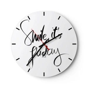 Wanduhr - Glasuhr - Smile it's Friday Zitat in stilvollen Schwarz-Weiß-Grafiken - 30x30cm - Echte Freude - Moderne Wanddekoration für Wohnzimmer, Küche und Schlafzimmer ARTTOR