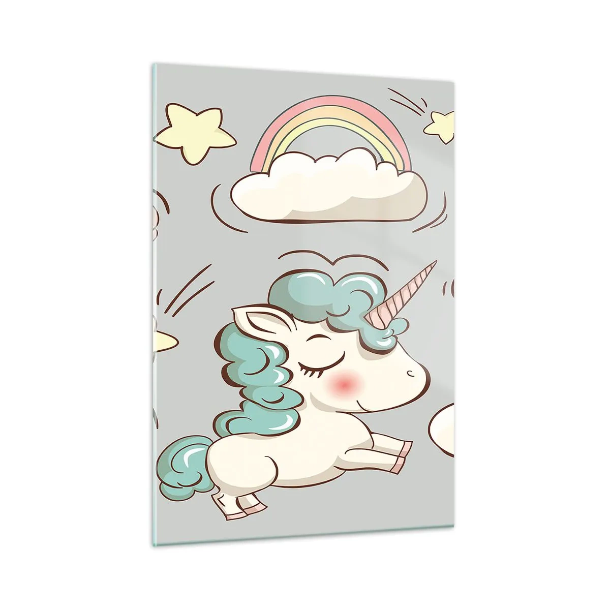 Glasbild - Bild auf glas - Niedliche Einhörner in den Wolken mit einem Regenbogen und Luftballons - 50x70cm - Sicherlich gibt es... - Moderne Wanddekoration für Wohnzimmer und Schlafzimmer ARTTOR