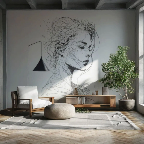 Selbstklebende Fototapete Deluxe Sticker - Porträt im Gedanken - Frau, Porträt, Linie - 150x105 cm