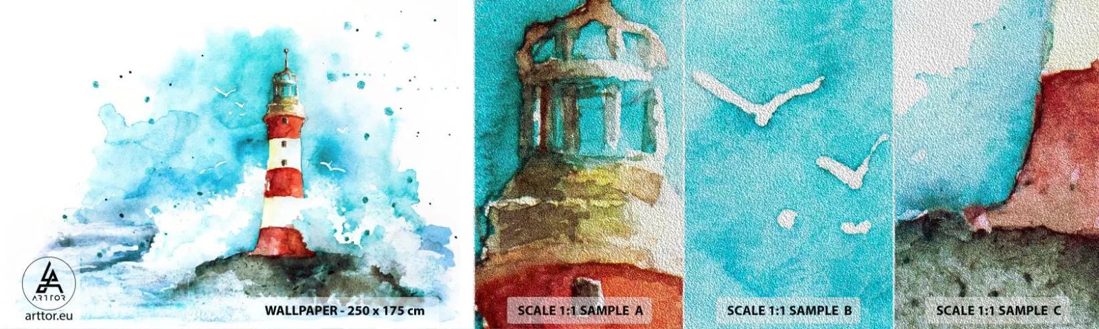 Fototapeten Muster Premium Sand - Einheit der Elemente - Leuchtturm, Landschaft, Grafik - 100x30 cm