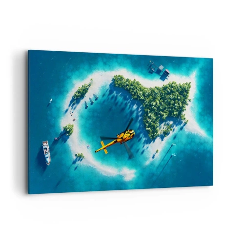 Bild auf Leinwand - Leinwandbild - Eine tropische Insel, umgeben von türkisfarbenem Wasser, mit einem Hubschrauber in Sicht - 100x70cm - Kauf dir eine Insel - Moderne Wanddekoration für Wohnzimmer und Schlafzimmer ARTTOR