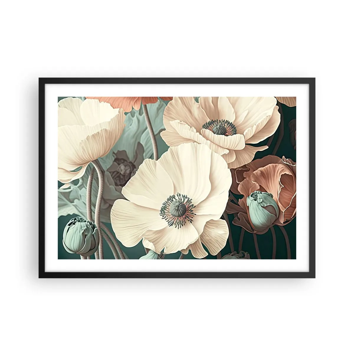 Poster in einem schwarzem Rahmen - Elegante Blumen in Pastelltönen auf grünem Hintergrund - 70x50cm - Flüstern von Mohnblumen - Moderne Wanddekoration für Wohnzimmer und Schlafzimmer ARTTOR