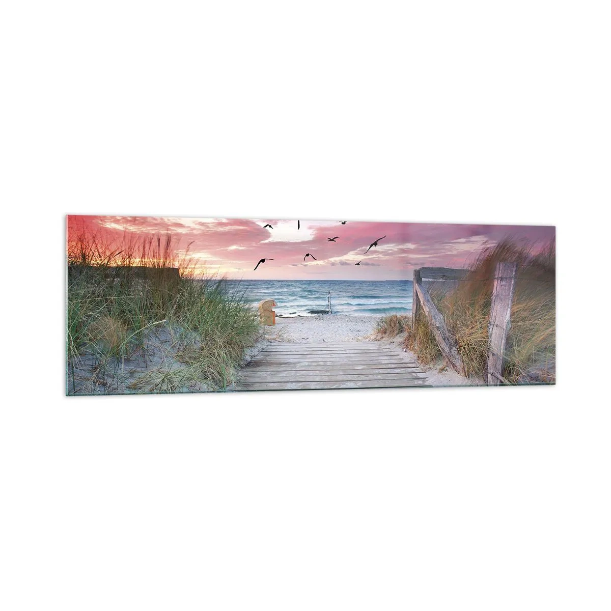 Glasbild - Bild auf glas - Holzweg am Strand bei rosa Sonnenuntergang - 160x50cm - Baltischer Eindruck - Moderne Wanddekoration für Wohnzimmer und Schlafzimmer ARTTOR