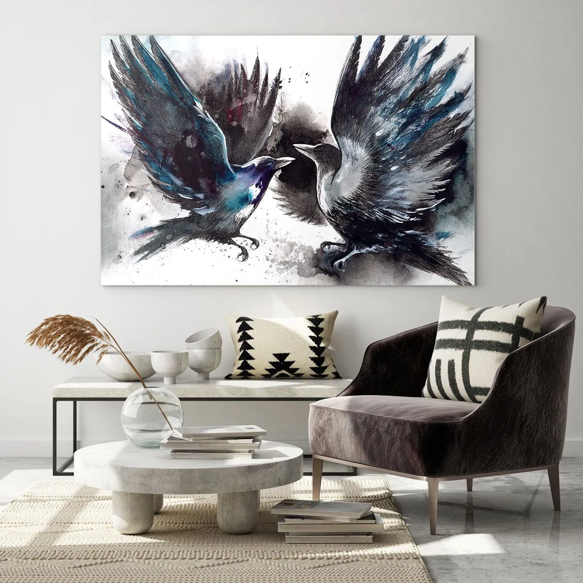 Glasbild - Bild auf glas - Zwei Raben in dynamischer Pose mit ausgebreiteten Flügeln - 100x70cm - Rabe zum Raben ... - Moderne Wanddekoration für Wohnzimmer und Schlafzimmer ARTTOR