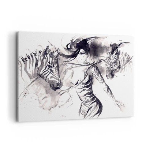 Bild auf Leinwand - Leinwandbild - Eine Frau in einem dynamischen Tanz mit Zebras in einer Schwarz-Weiß-Ästhetik - 100x70cm - Tanzen mit den Zebras - Moderne Wanddekoration für Wohnzimmer und Schlafzimmer ARTTOR