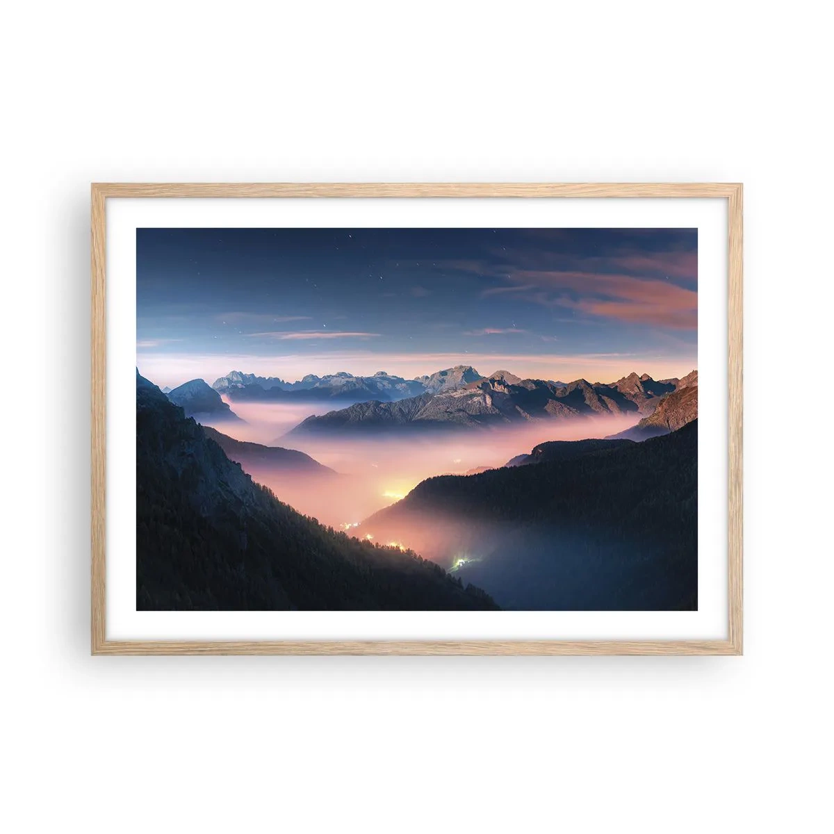 Poster in einem Rahmen aus heller Eiche - Licht in den Tälern - 70x50 cm